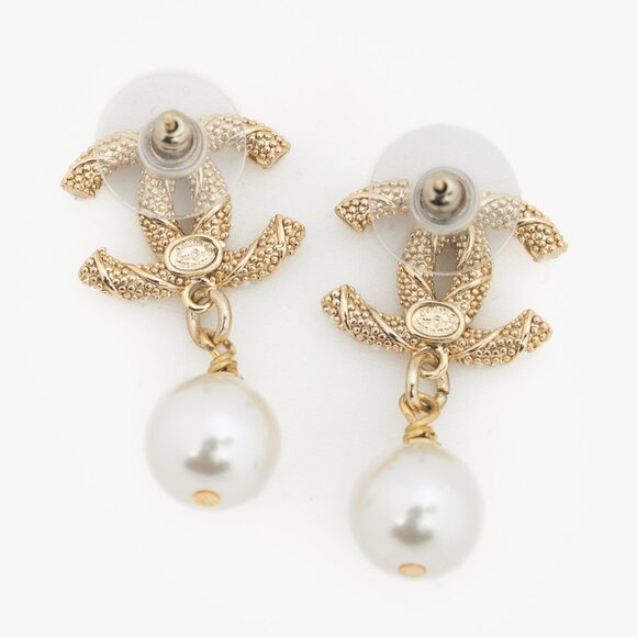 Chanel D22 Gold-Tone Pearl-Embellished CC Dangling-Charm Stud Earrings - Picture 2 of 3